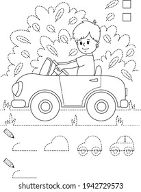 Little boy rides a toy car convertible through the park, coloring book