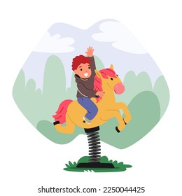 Little Boy Riding Attraction Horse in Amusement Park Isolated on White Background. Character. Recreation, Fun Fair Weekend Activity, Child Leisure, Vacation Relax. Cartoon People Vector Illustration