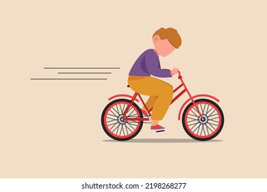 Little boy riding a bicycle fast. Bicycle activity concept. Flat vector illustrations isolated. 