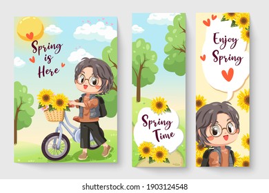Little boy riding a bicycle in spring theme illustration for kids fashion artworks, children books, prints, t shirt graphic.