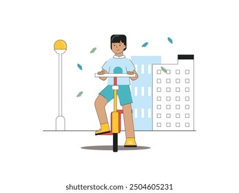 Niño pequeño que monta una bici en la ciudad en otoño, ciudad verde del eco. Diseño de personajes. Ilustración plana de Vector