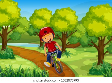 Little boy riding bike in the park illustration