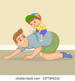 Little boy riding her dad like horse