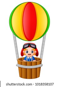 Little boy riding hot air balloon on white background