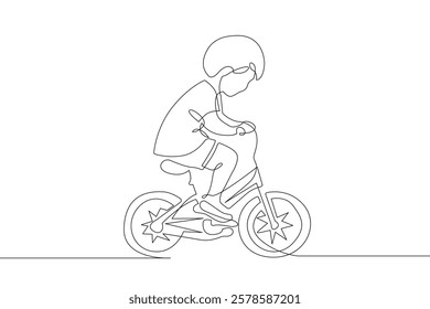 Little Boy Riding on Bike One Line Vector Illustration. Continuous Single Line Drawing of Happy Child on Bicycle. Boy Cyclist Hand Drawn Contour Silhouette Outline Style. Not AI