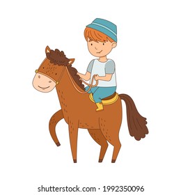 Little Boy Riding on Horse Back Holding Leading Reins Vector Illustration