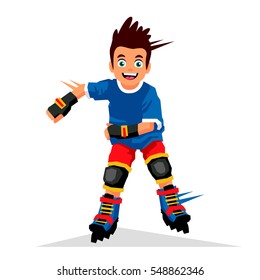 Little boy riding on roller skates. Vector illustration on white background. Sports concept.