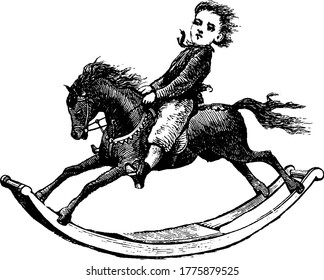 A little boy riding on toy rocking horse and enjoying like real horse ride, vintage line drawing or engraving illustration.