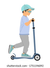 Little boy riding scooter vector illustration isolated on white. Happy kid on kick board enjoying. Active outdoor fun and entertainment. Roller sport. Son rent electric scooter on travel.