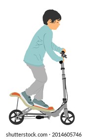 Little boy riding scooter, vector illustration isolated on white background, children scooting. Urban transport method. Happy kid on kick board, toy for enjoy. Active outdoor fun and entertainment.