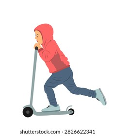 Little boy riding scooter vector illustration isolated on white. Happy kid on kick board enjoying. Active outdoor fun and entertainment. Roller sport. Son rent electric scooter on travel.
