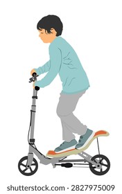 Little boy riding scooter, vector illustration isolated on white background, children scooting. Urban transport method. Happy kid on kick board, toy for enjoy. Active outdoor fun and entertainment.