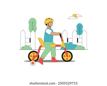 Little boy riding tricycle wearing helmet in front of house yard. Character design. Vector flat illustration