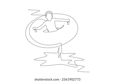 Little boy riding a waterpark ride with a swimming ring. Water park concept one-line drawing