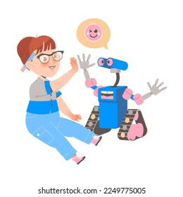Little Boy and Robot geben fünf ausdrucksstarke freundliche Emotion als Robotik-Programmierung Vektor Illustration