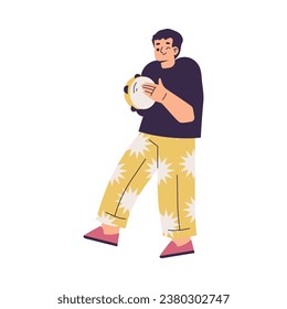 Little Boy in Rock Band Playing Tambourine Musical Instrument Vector Illustration