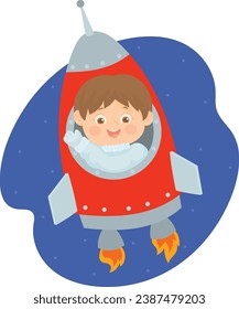 A little boy in a rocket. Space rocket blasting.