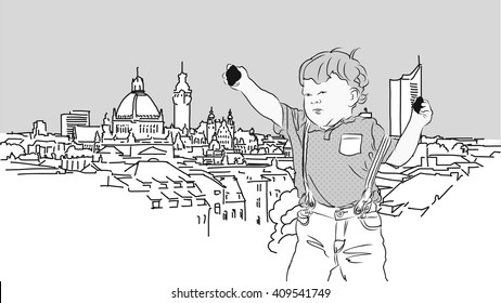 Little Boy with Rocks in Front of Leipzig. Vector Hand Drawn Sketch with grey Background.