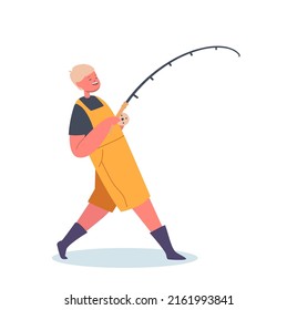 Little Boy with Rod Catch Fish on Pond Isolated on White Background. Child Fisherman Character Summer Activity, Recreation, Hobby, Leisure on Nature, Holidays Fun. Cartoon People Vector Illustration