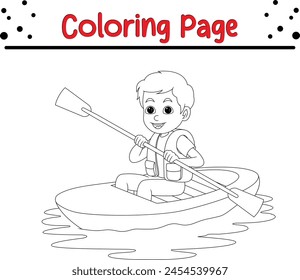  little boy rowing canoe coloring book page for children.