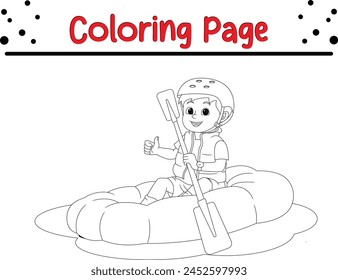 little boy rowing inflatable boat coloring page for kids