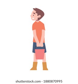 Little Boy in Rubber Boots Standing with Bucket Vector Illustration