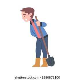 Little Boy in Rubber Boots Standing with Shovel Vector Illustration