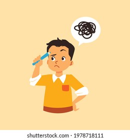 Little boy rubs his forehead and tries to solve difficult problem or find answer to question, flat vector illustration isolated on background. Doubting child boy.