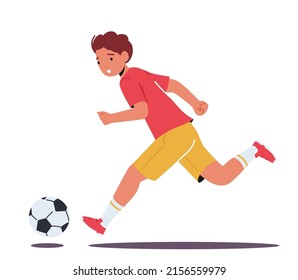 Little Boy Run with Soccer Ball Playing on Stadium Isolated on White Background. Kid Practicing Football Game, Prepare for Tournament, Sportsman Child Character. Cartoon People Vector Illustration