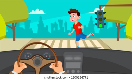 Little Boy Running Across The Road In Front Of The Car A Frightened Driver Vector. Isolated Illustration
