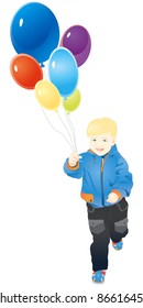 Little boy running with balloons