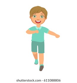 Little boy running in a blue shirt and shorts and smiling, front view, a colorful character