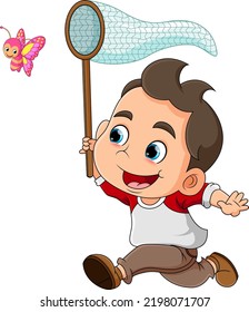 The little boy is running to catch a medium flying butterfly and so happy of illustration