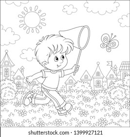 Little boy running and catching a flying butterfly with a butterfly net among flowers on a sunny summer day, black and white vector illustration in a cartoon style for a coloring book