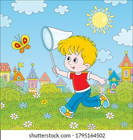 Little boy running and catching a flying butterfly with a butterfly net among flowers on green grass of a lawn on a sunny summer day, vector cartoon illustration
