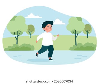 Little boy running concept. Cute smiling child goes in for sports and performs physical exercises. Preschooler runs in park. Activity or play for children. Cartoon modern flat vector illustration