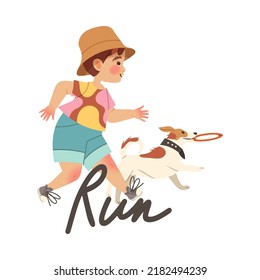 Little Boy Running with Dog as Verb Expressing Action for Kids Education Vector Illustration