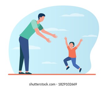 Little boy running to his dad. Father and son enjoying meeting flat vector illustration. Fatherhood, parenthood, childcare concept for banner, website design or landing web page