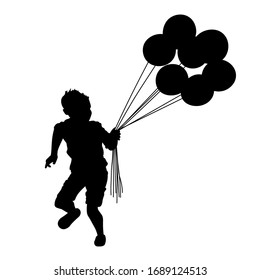 Little boy running and holding balloons silhouette vector illustration isolated on white background,