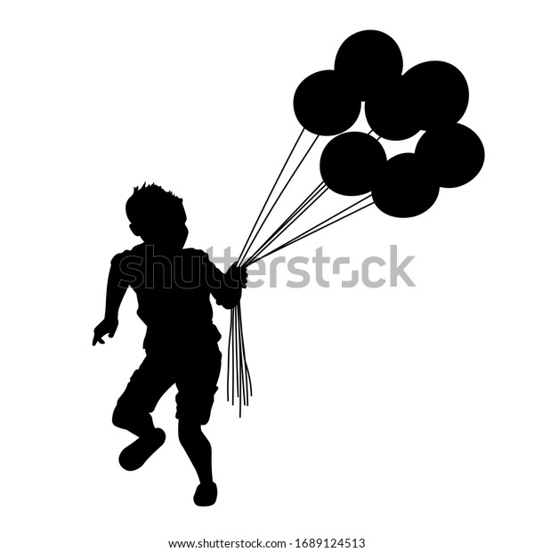 白い背景に風船のシルエットベクターイラストを走らせ 持つ小さな男の子 のベクター画像素材 ロイヤリティフリー