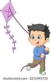 The little boy is running and holding the long kite of illustration