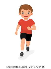 Little boy running jogging on the road front view