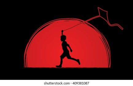 Little boy running with kite designed on sunrise graphic vector.