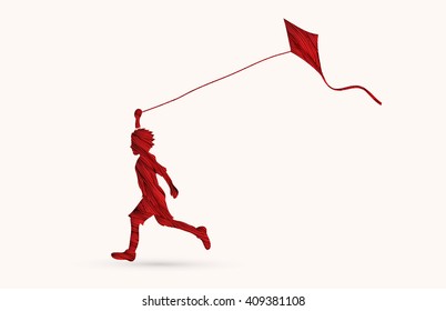 Little boy running with kite designed using red rush graphic vector.