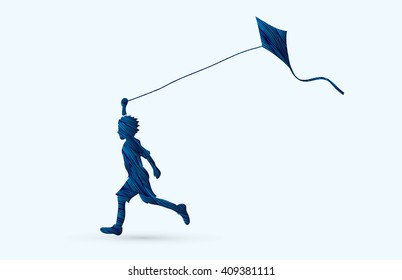 Little boy running with kite designed using blue grunge brush graphic vector.