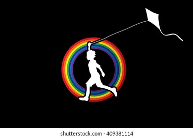 Little boy running with kite designed on line rainbows graphic vector.