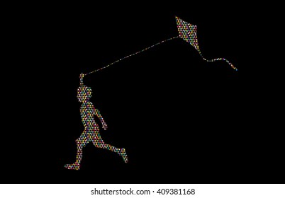 Little boy running with kite designed using colorful mosaic graphic vector.