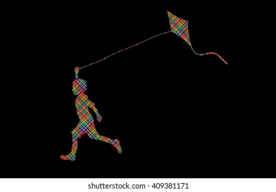 Little boy running with kite designed using colorful pixels graphic vector.