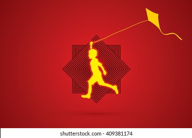 Little boy running with kite designed on line square graphic vector.