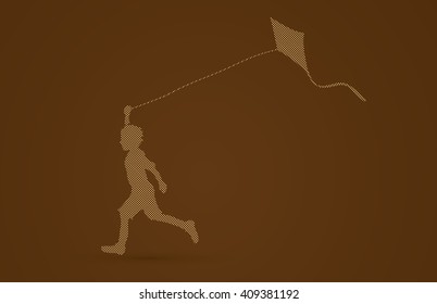 Little boy running with kite designed using dots pattern graphic vector.